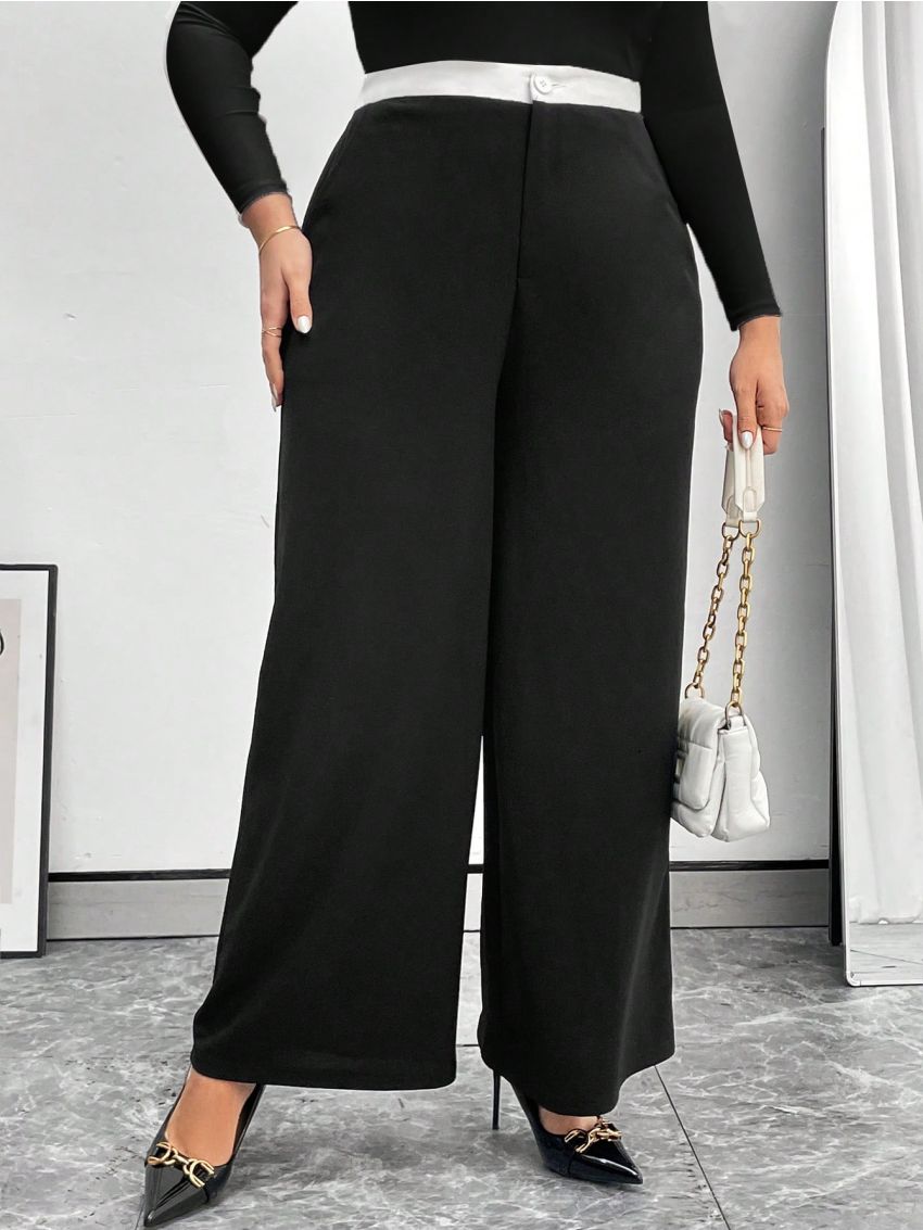 SHEIN Privé Plus Size Women'S Loose Fit Color Block Pants With Elastic Waist