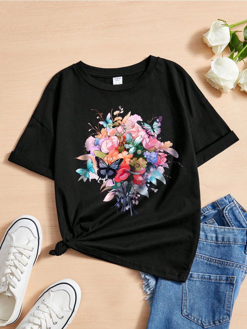 Female Teenagers Casual Floral Pattern Short-sleeved T-shirt Suitable For Summer
