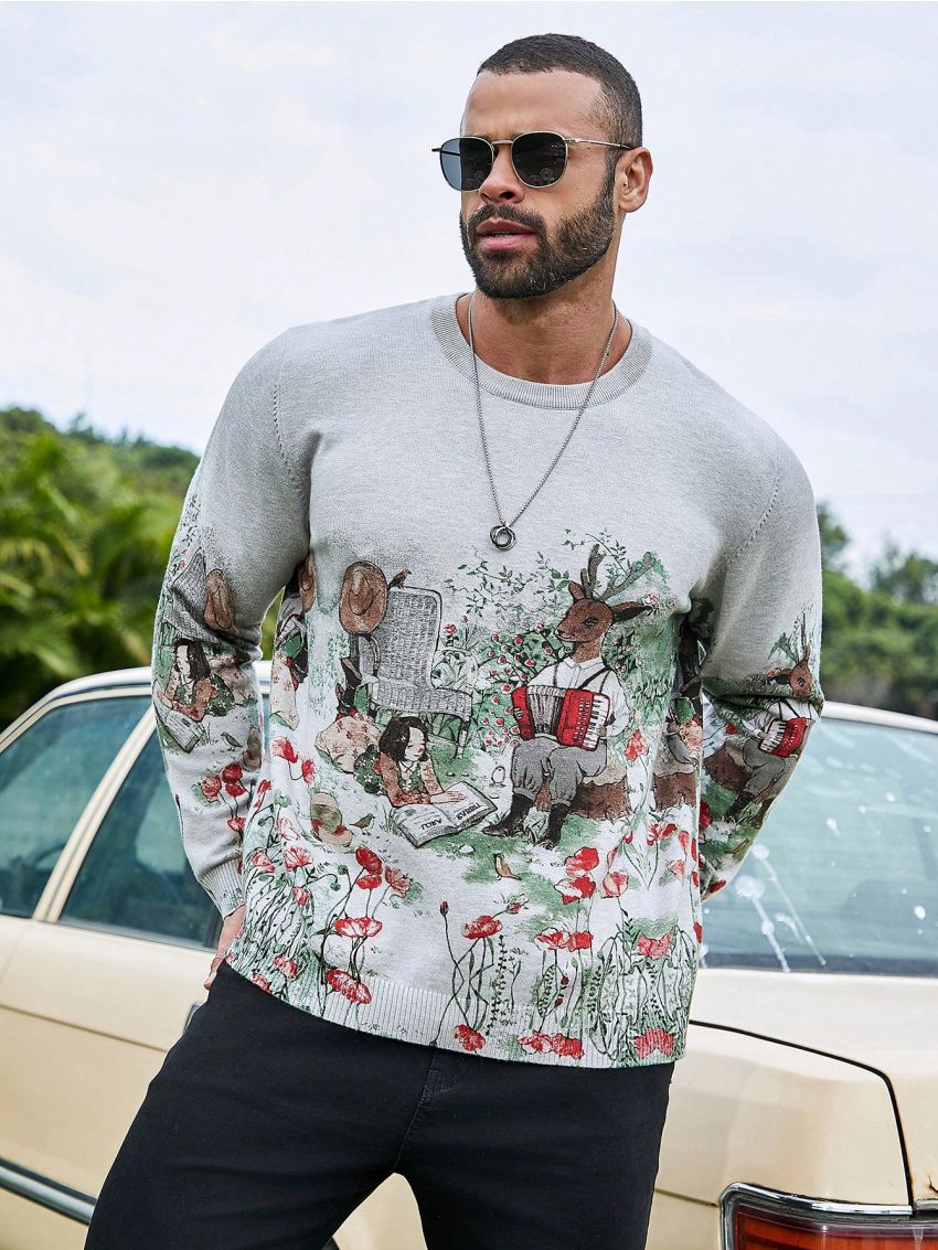 Extended Sizes Men'S Plus Size Sweater With Cartoon Pattern
