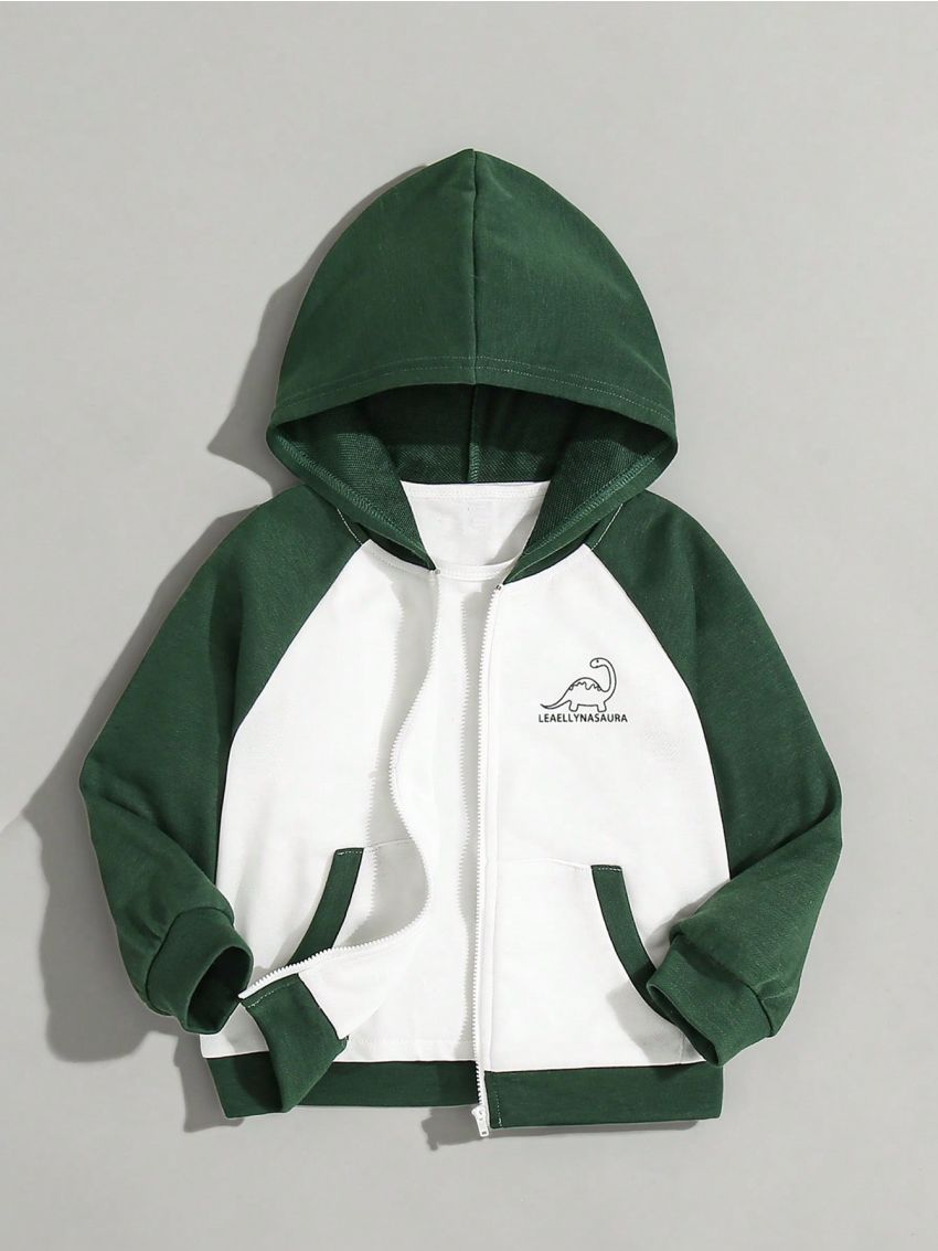 SHEIN Boys' Cute And Comfortable Cartoon Dinosaur Pattern Patchwork Hoodie With Contrast Color Zipper