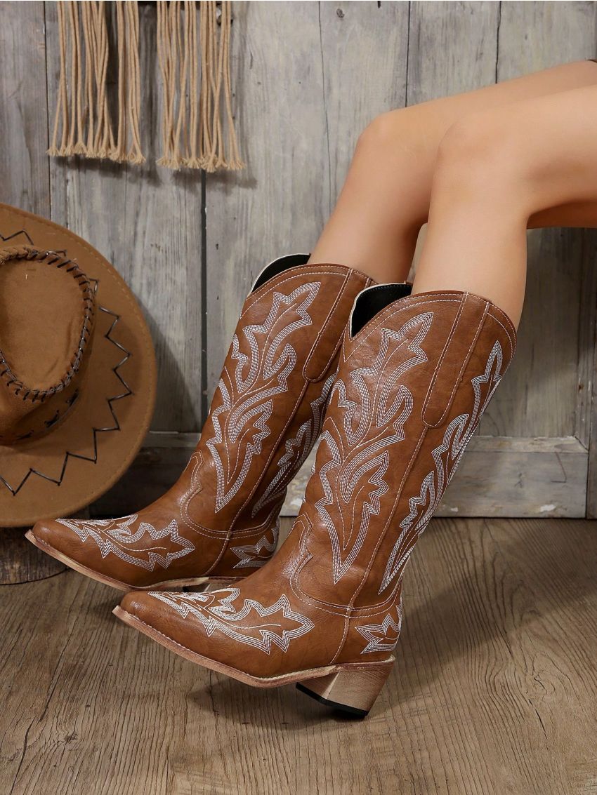 Fairycore Stitch Detail Chunky Heeled Western Boots