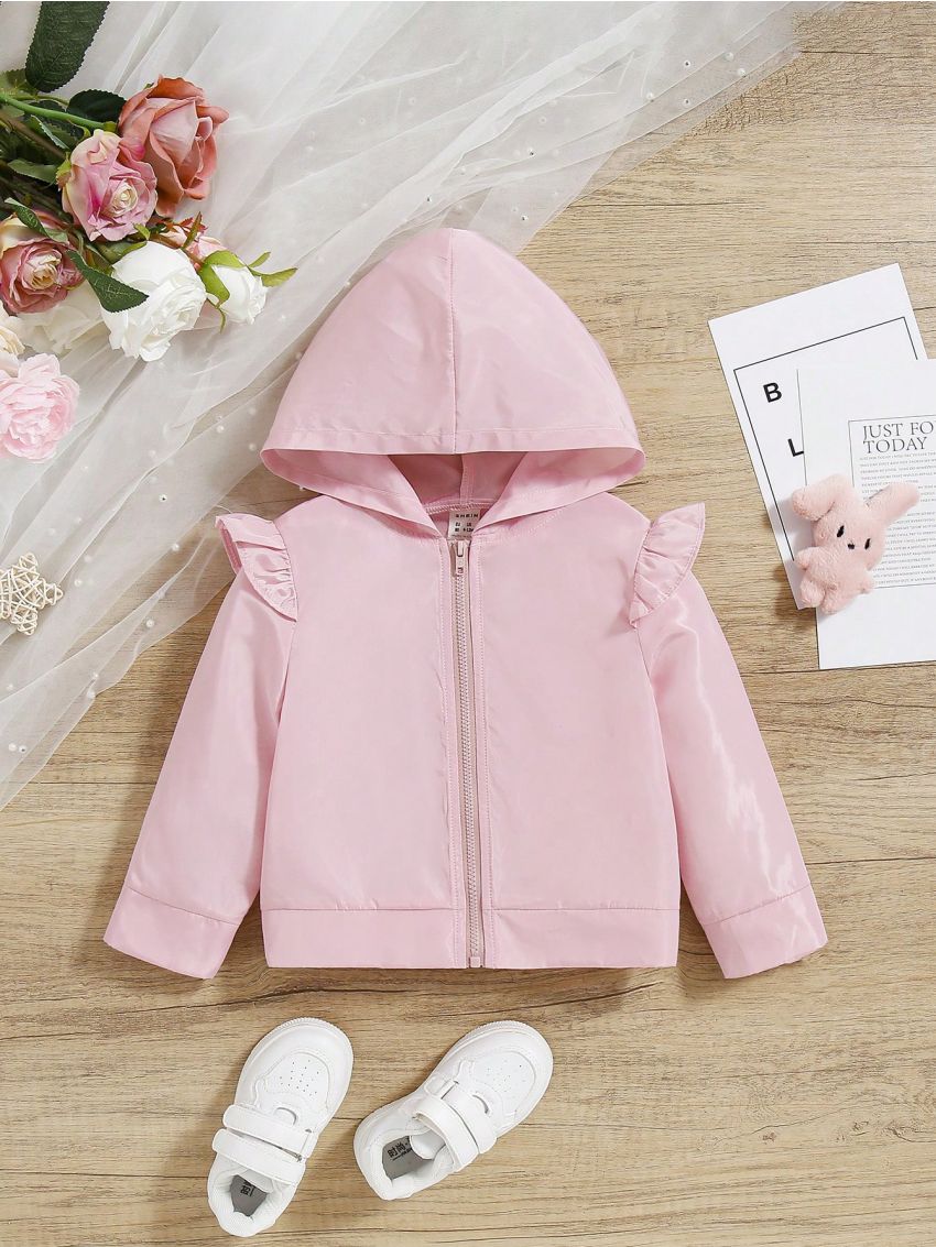 SHEIN Baby Girl Casual Pink Ruffle Trimmed Long-Sleeve Hooded Wind Jacket