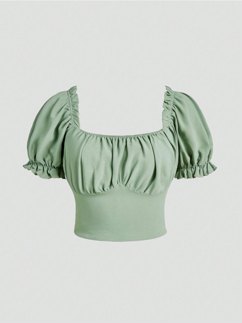 SHEIN Teen Girl's Detachable Bowknot Puff Sleeve Square Neck Blouse