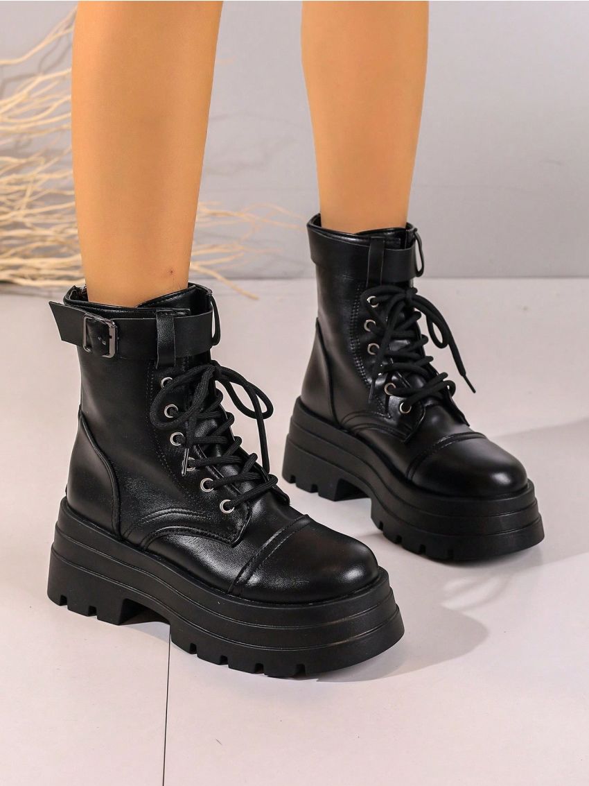 Women's Fashion Thick-soled Belt Buckled Black Pu Boots For Winter, Motorcycle Style, Short Style