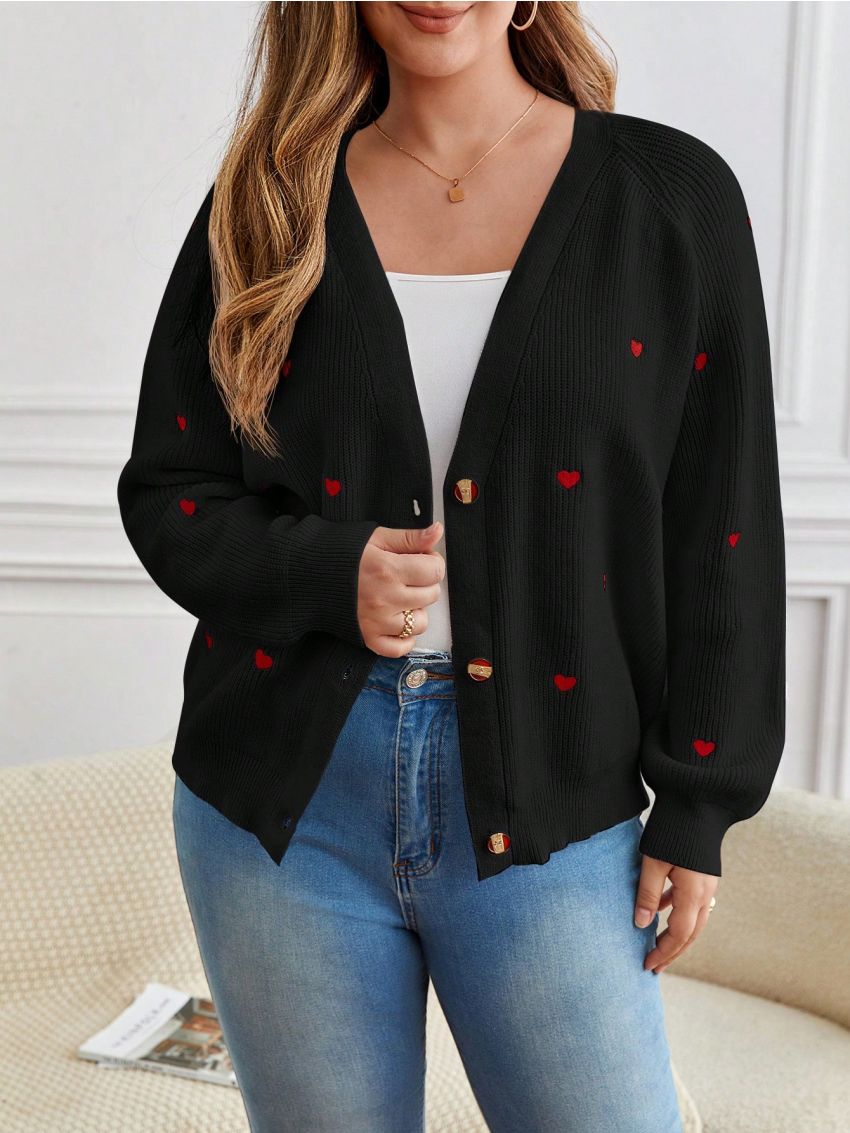 SHEIN CURVE+ Women's Plus Size Heart Embroidery Button Front Cardigan