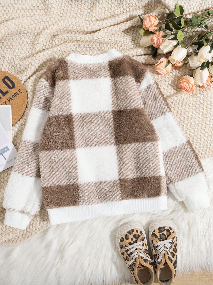 Mother And Daughter Matching Plaid Patchwork Fleece Sweatshirt In Multiple Colors For Daily Wear In Spring, Autumn And Winter