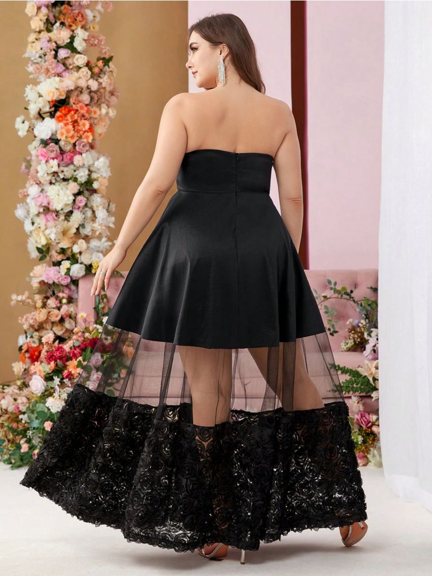 SHEIN Belle Plus Size Strapless Evening Gown With 3d Flower Decor And Perspective Netting Skirt