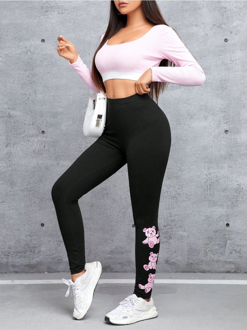 SHEIN PETITE Women's Knitted High Waist Long Bear Pattern Leggings