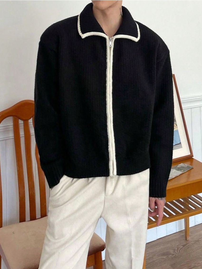 Covered Zipper Lapel Knitted Cardigan Jacket