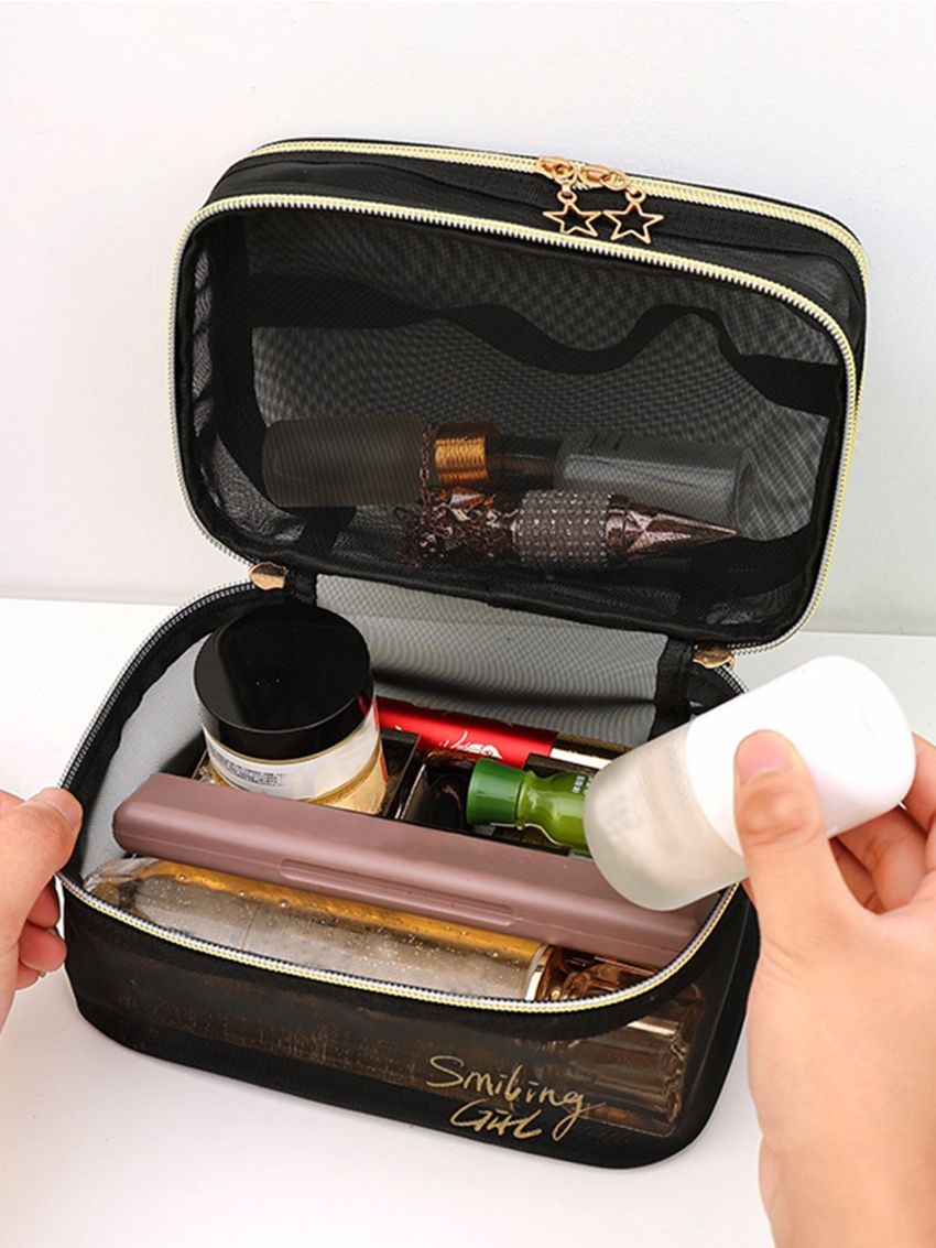 Black Mesh Transparent Star Zipper Cosmetic Bag