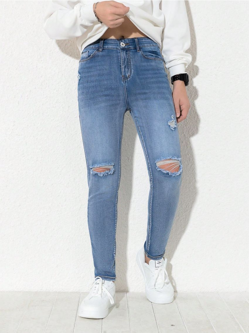 Teenage Boys' Distressed And Washed Denim Skinny Jeans