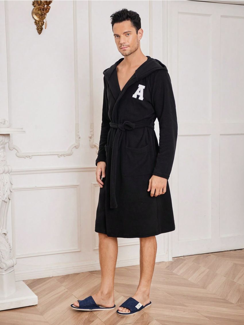 Men Letter Flocking Hooded Belted Robe