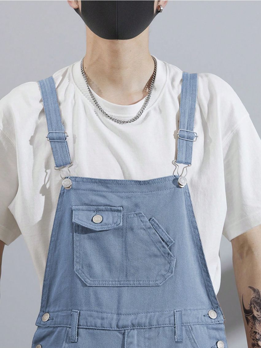 Manfinity Hypemode 1pc Men's Adjustable Shoulder Strap Denim Jumpsuit With Slanted Pockets