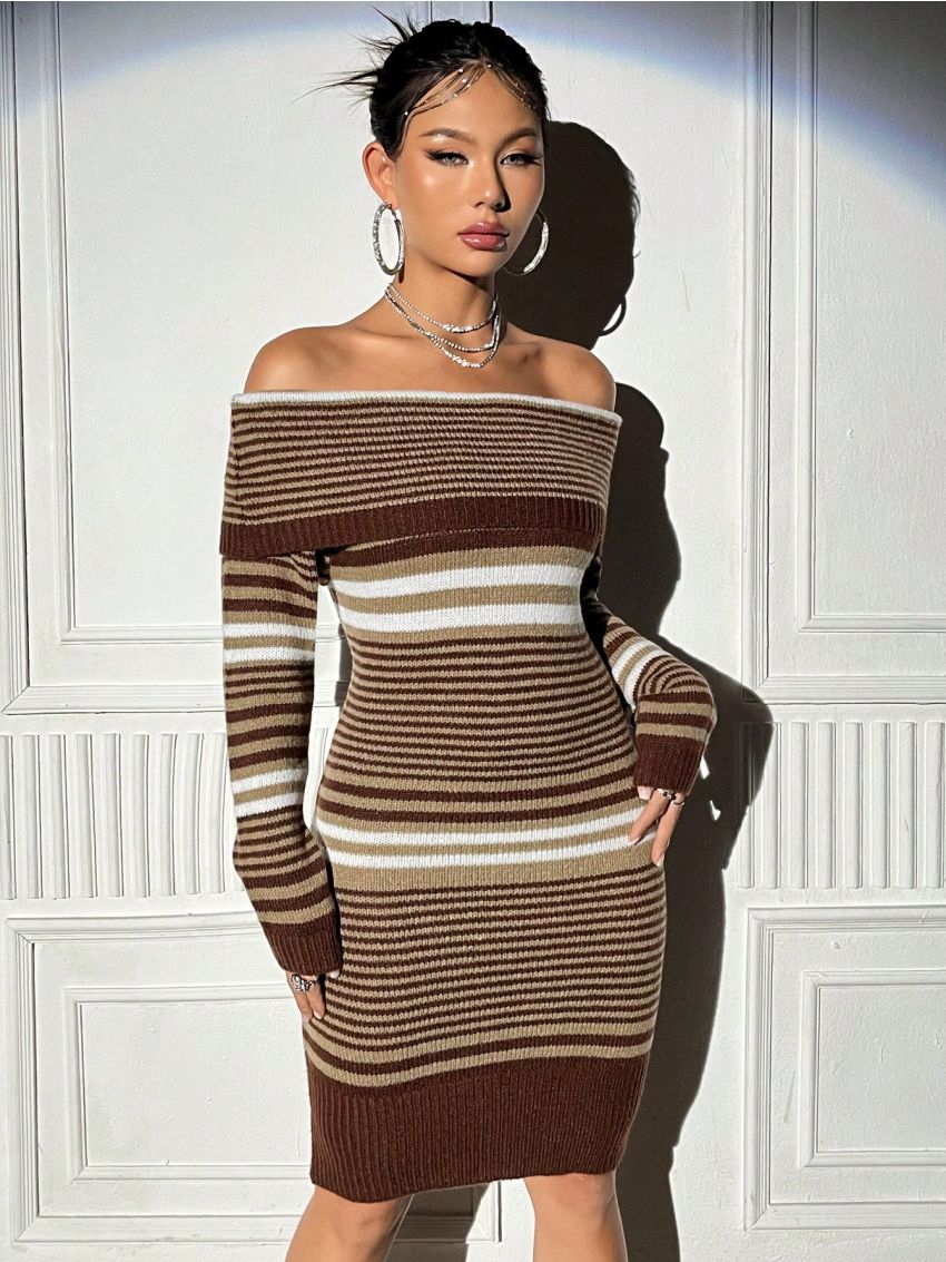SHEIN ICON Stripe Off Shoulder Sweater Dress