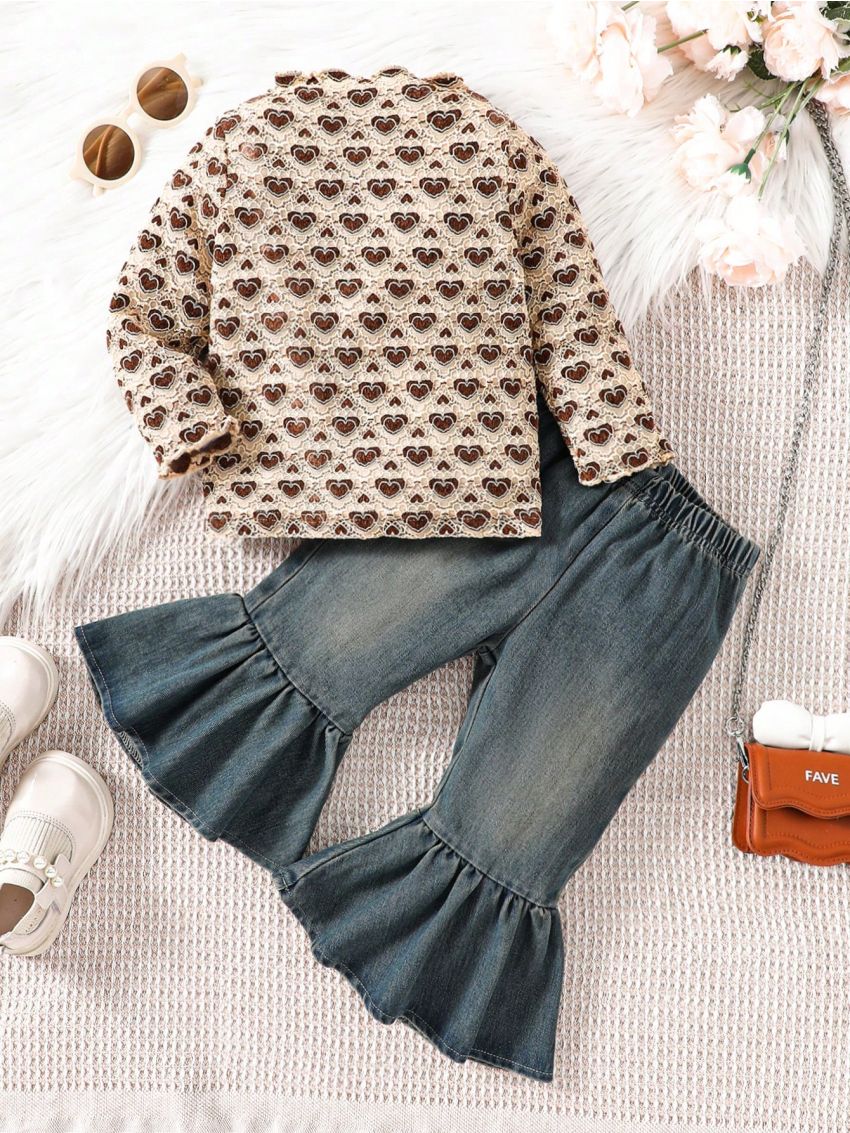 Baby Girls' Outfit Y2k Mallrat Style Elegant Cute Fashionable Heart Print Bodysuit And Bell-Bottom Jeans