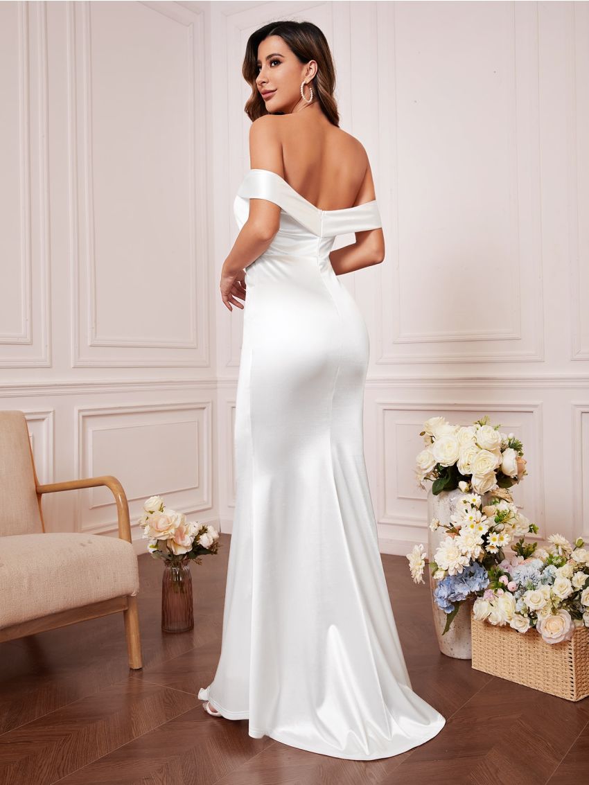 Off Shoulder Ruched Split Thigh Satin Wedding Dress