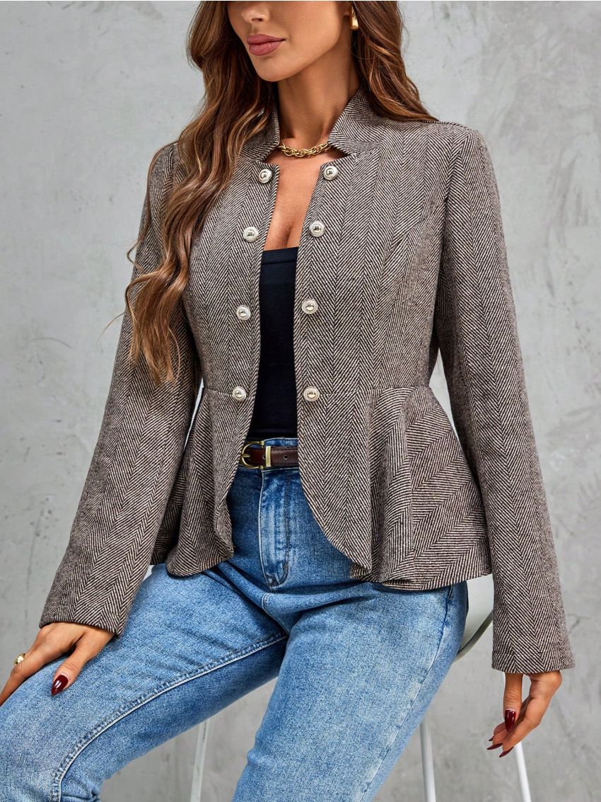 Herringbone Pattern Button Front Peplum Jacket