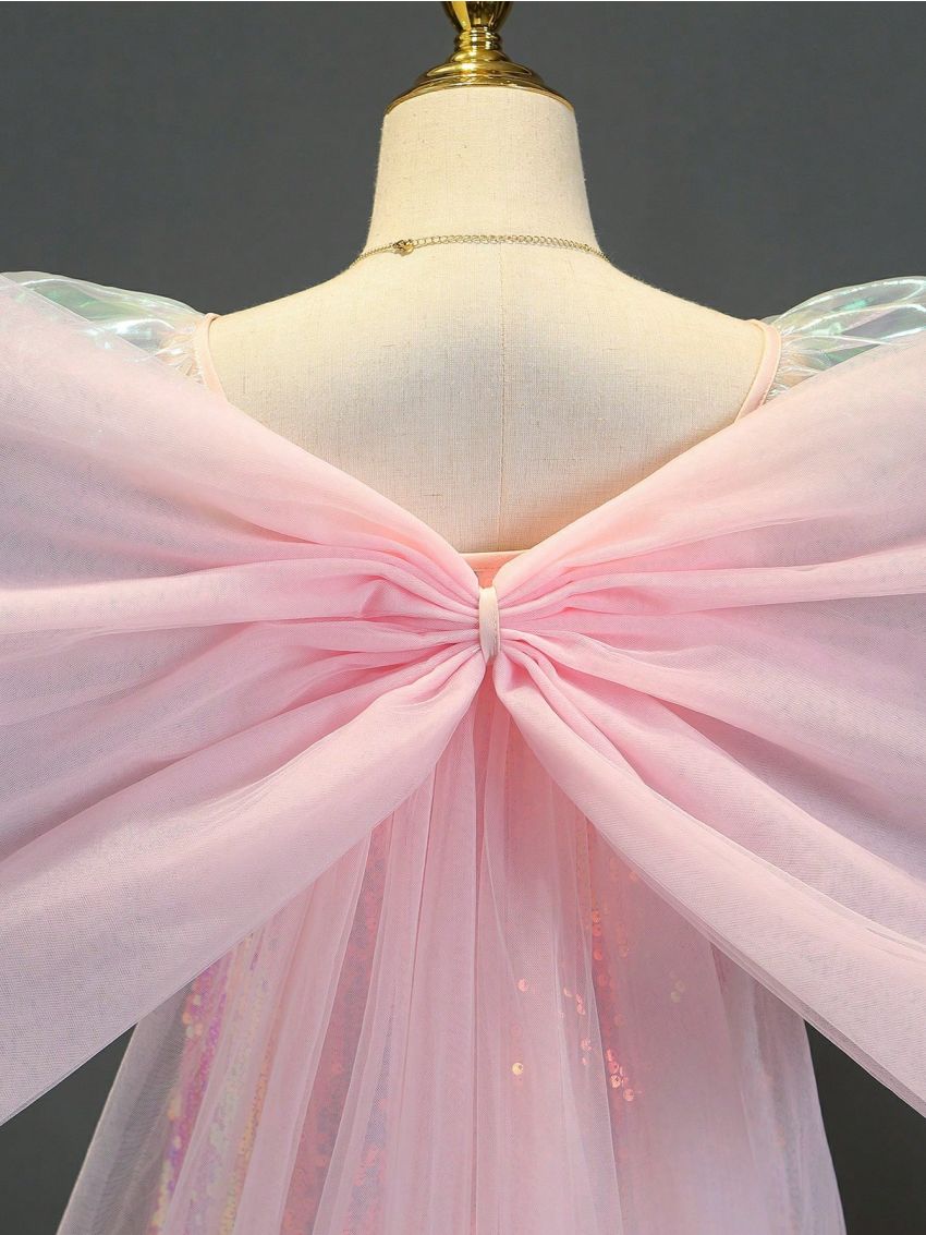 Girls' Rainbow Glitter Mesh Dress With Large Bowknot, Suitable For Performance, Wedding, Party And Birthday