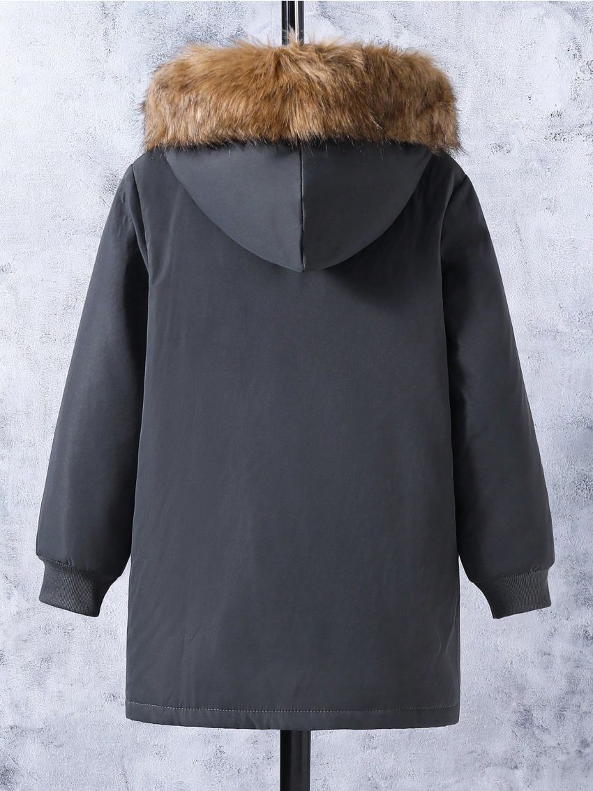 Boys' Hooded Parka Jacket With Flap Pockets And Warm Lining