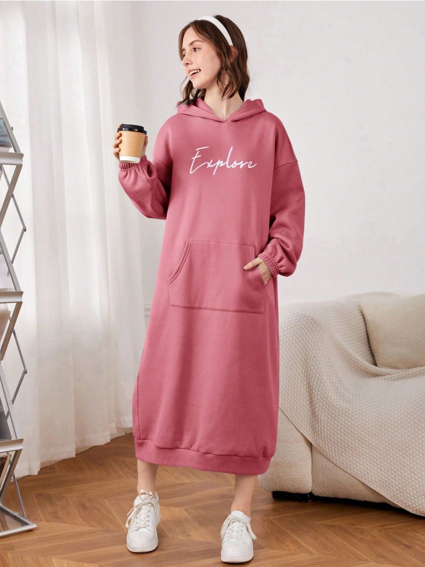 SHEIN Teen Girls' Knitted Solid Color Letter Embroidery Pattern Hooded Long-Sleeved Sweatshirt With Pockets