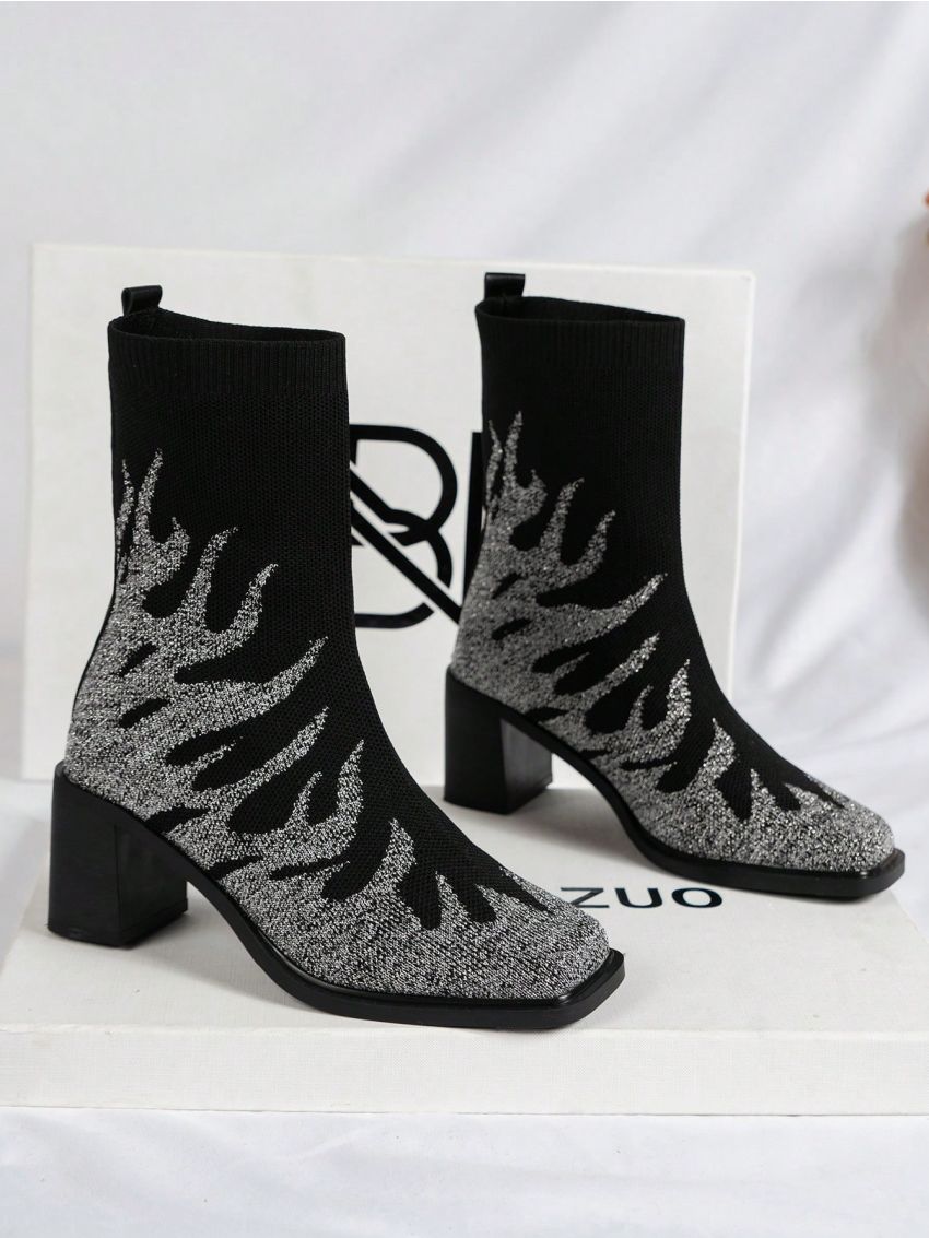 Women's Flame Embroidery Decor Knitted Boots, 2023 Christmas New Mid-calf Boots, Autumn Winter Leopard Print Bare Boots For Heightening And Slimming, Halloween Bare Boots, Black Friday Event Boots, Fashionable Boots For Women's Holiday Season