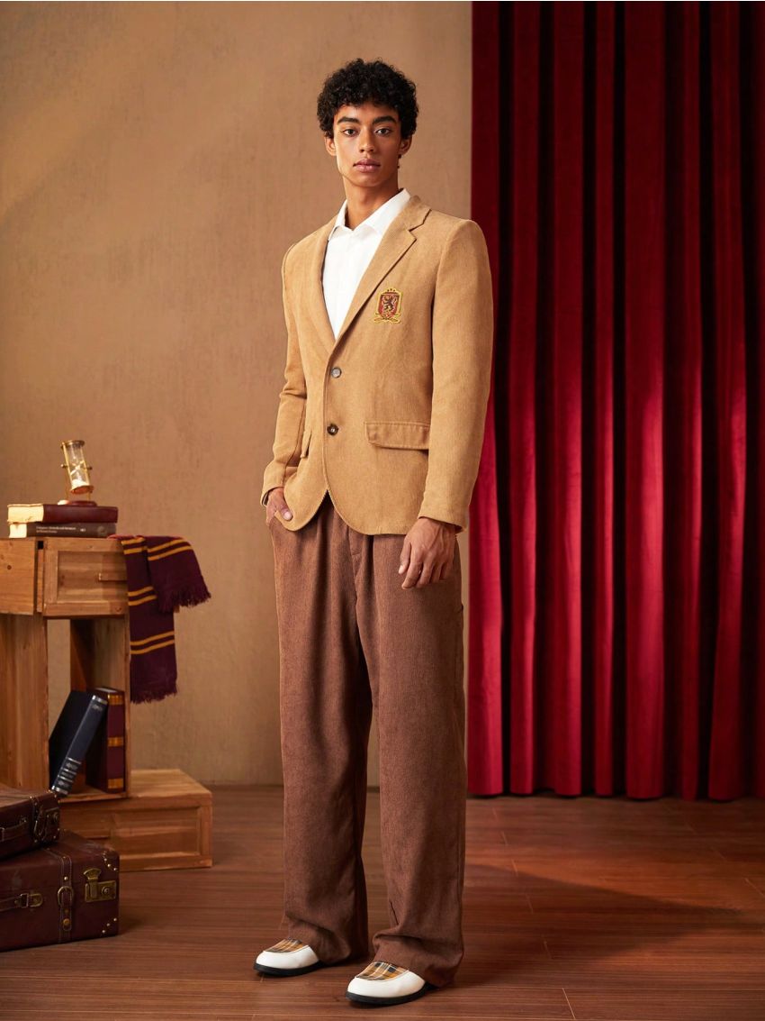 HARRY POTTER X SHEIN Men Letter Patched Flap Detail Corduroy Blazer