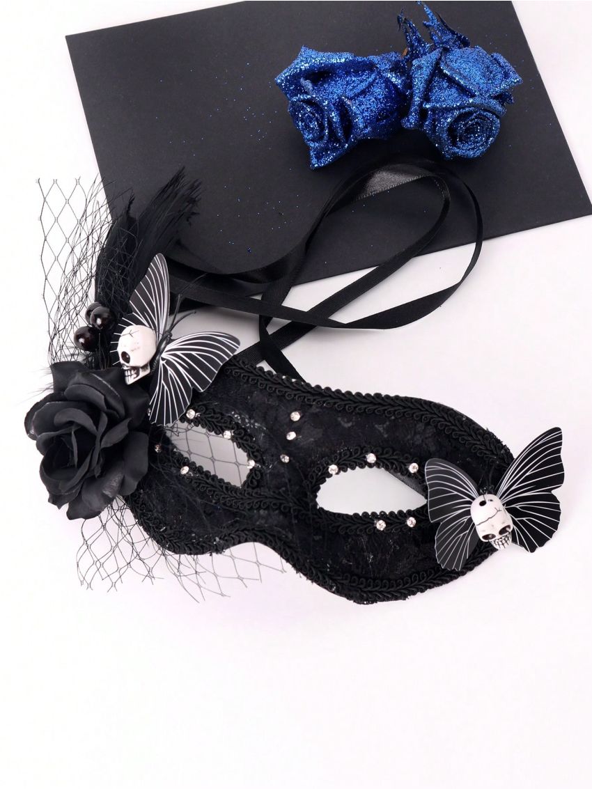 1pc Ladies' Black Lace Mask With Butterfly & Black Rose & Poultry Feather & Large Hole Net Yarn & Black Berry For Party, Cosplay And Halloween Decoration