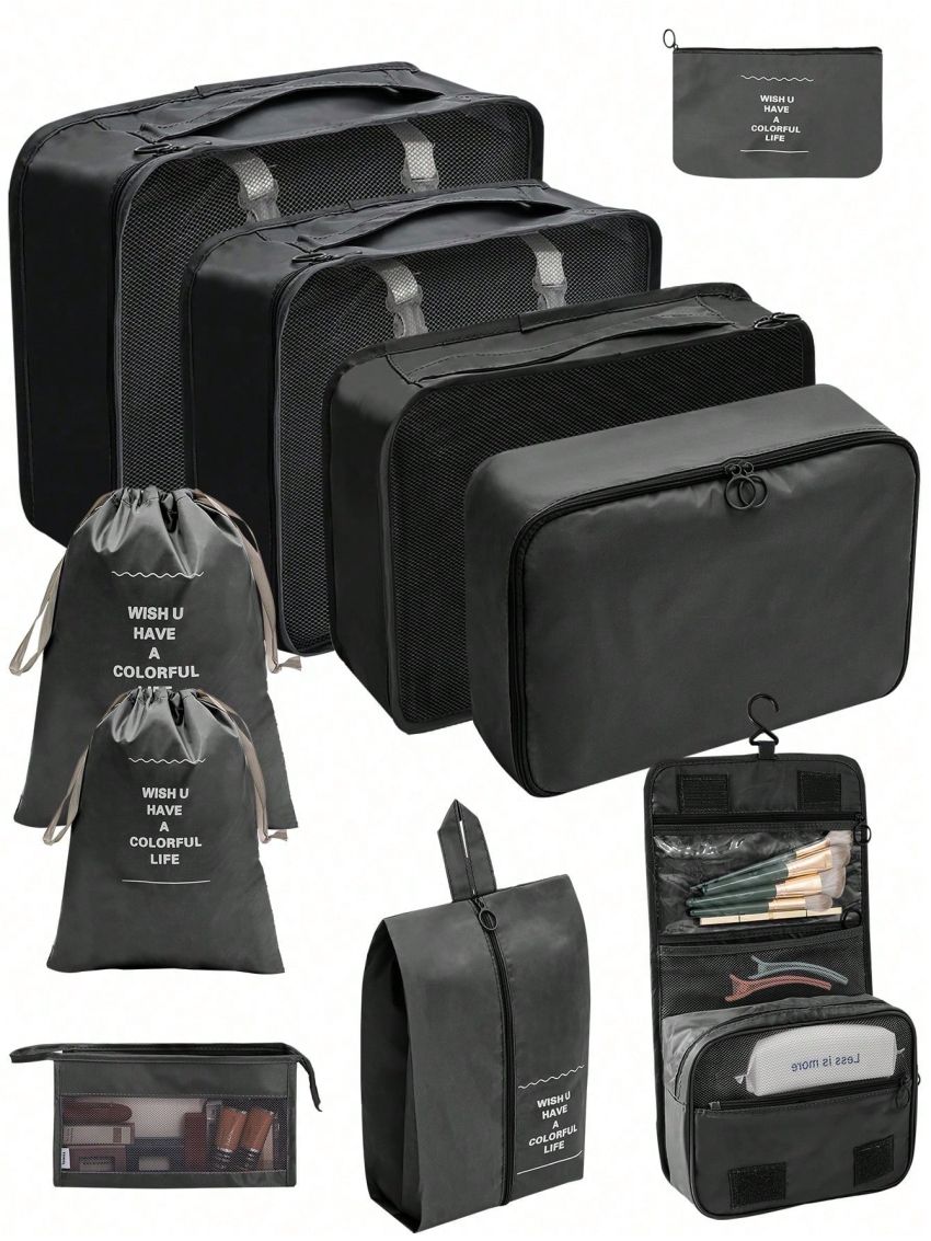 10pcs/set Polyester Travel Toiletry Bag, Modern Portable Makeup Organizer For Travel