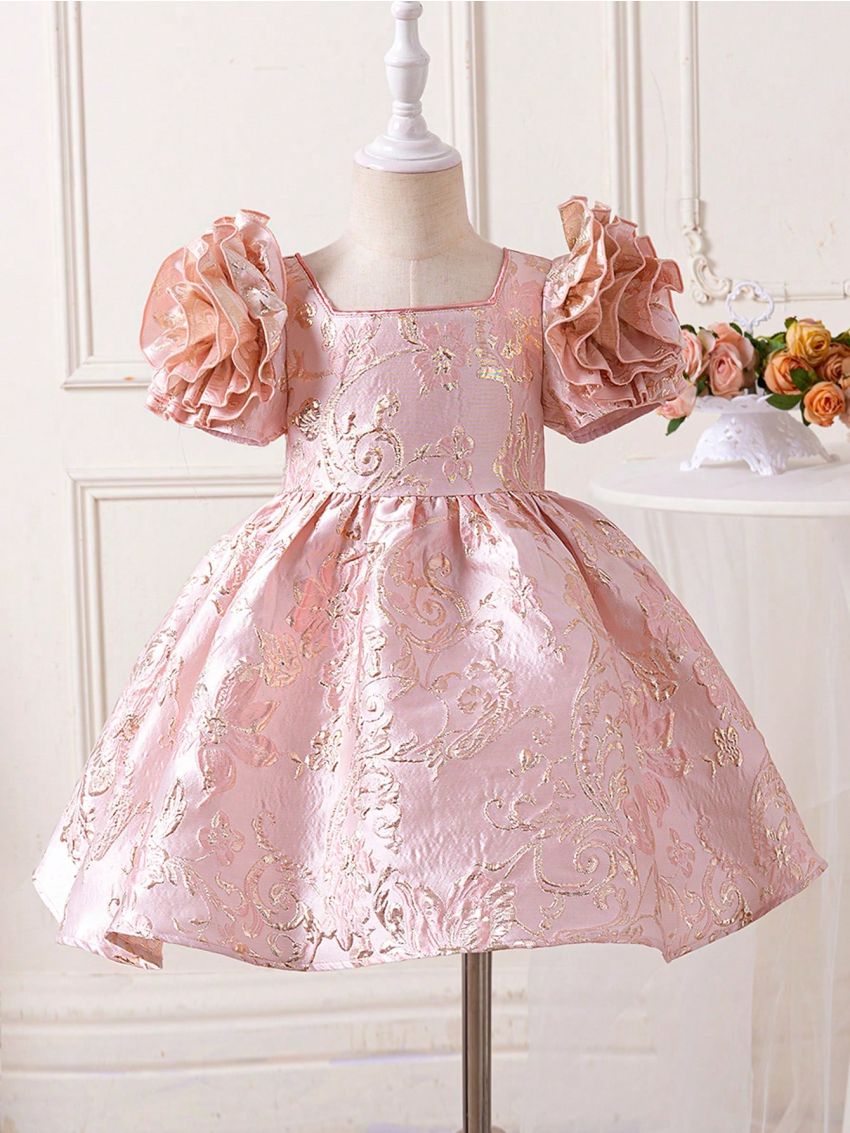 SHEIN Kids CHARMNG Little Girls' Square Neck Dress With 3d Rose Decoration And Jacquard Fabric