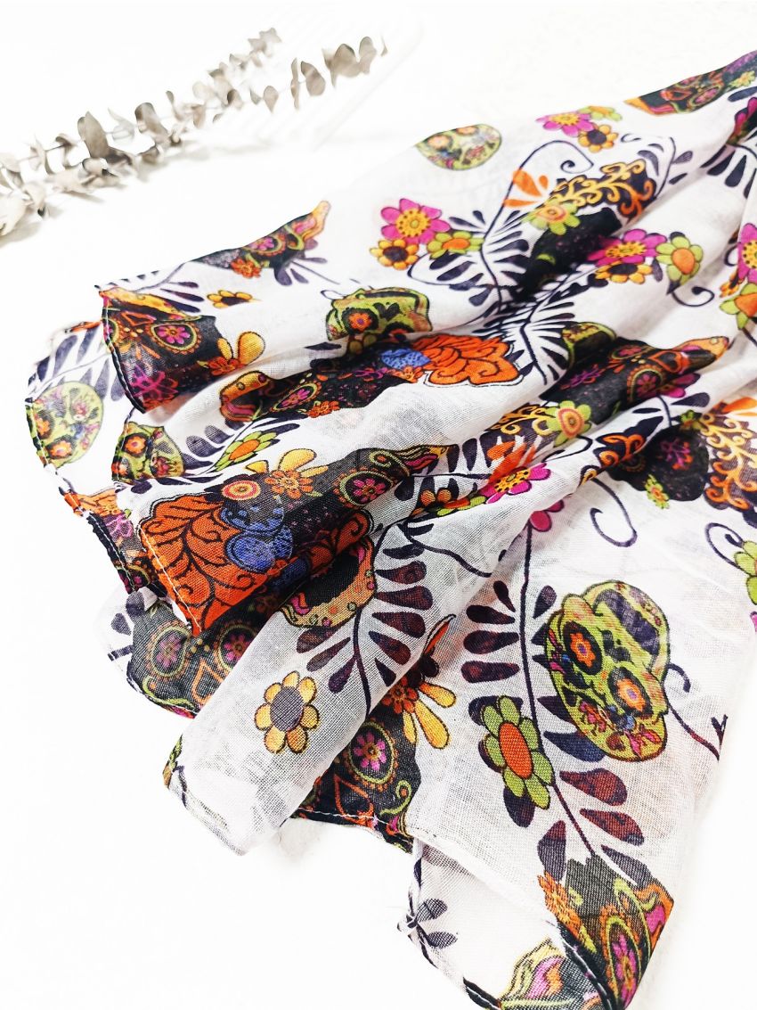 1 Halloween Gift Retro Style Skull Flower Print Voile Scarf That Can Be Used As A Headscarf