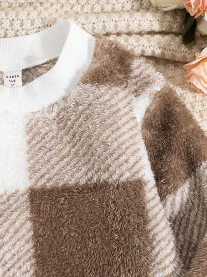 Mother And Daughter Matching Plaid Patchwork Fleece Sweatshirt In Multiple Colors For Daily Wear In Spring, Autumn And Winter