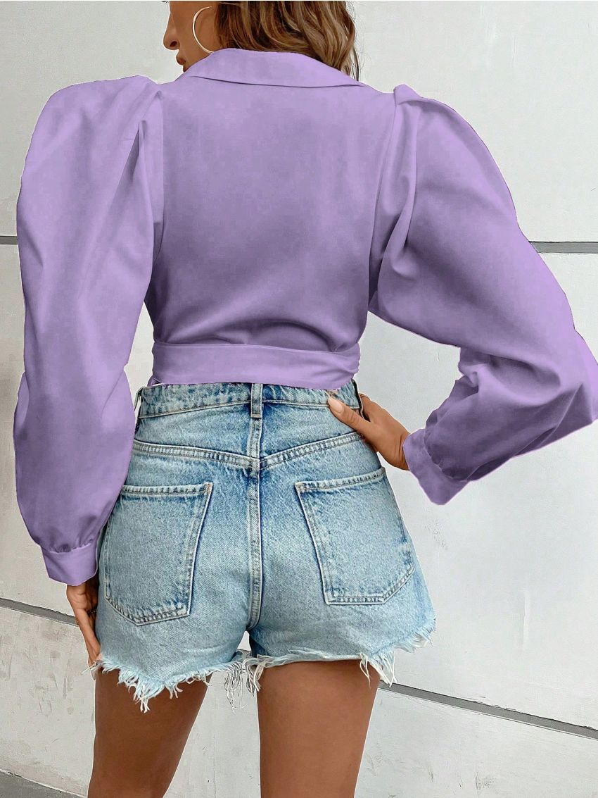 SHEIN VCAY Solid Wrap Knot Side Crop Blouse