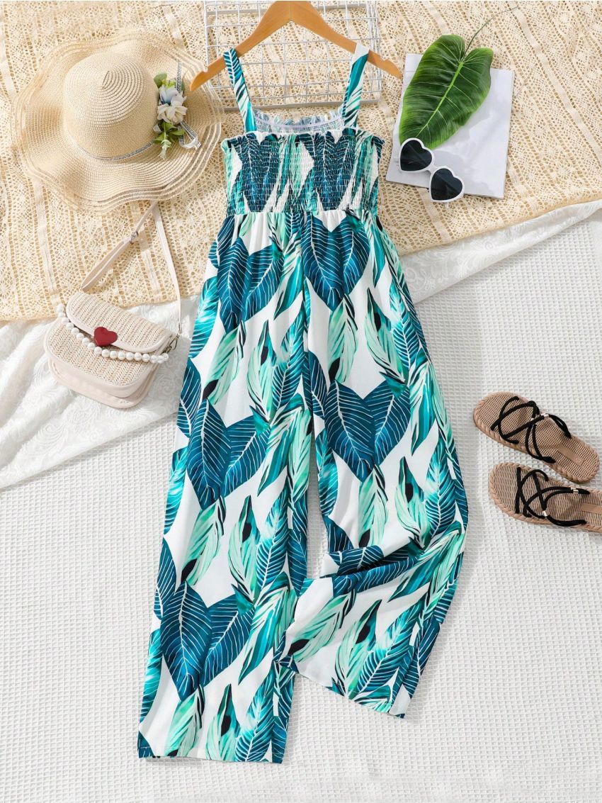 SHEIN Kids FANZEY Tween Girls' Printed Panel Bustier Top Jumpsuit