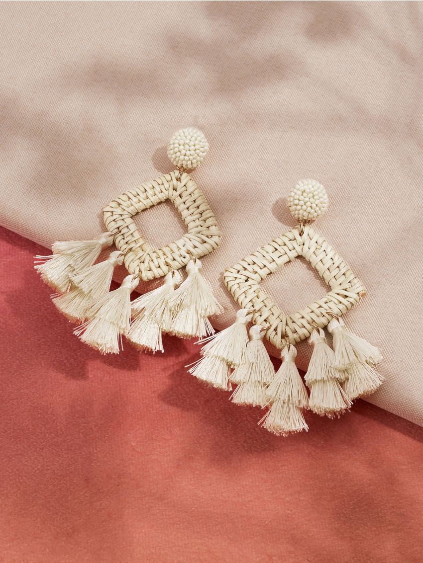 Tassel Decor Wooden Geometric Earrings