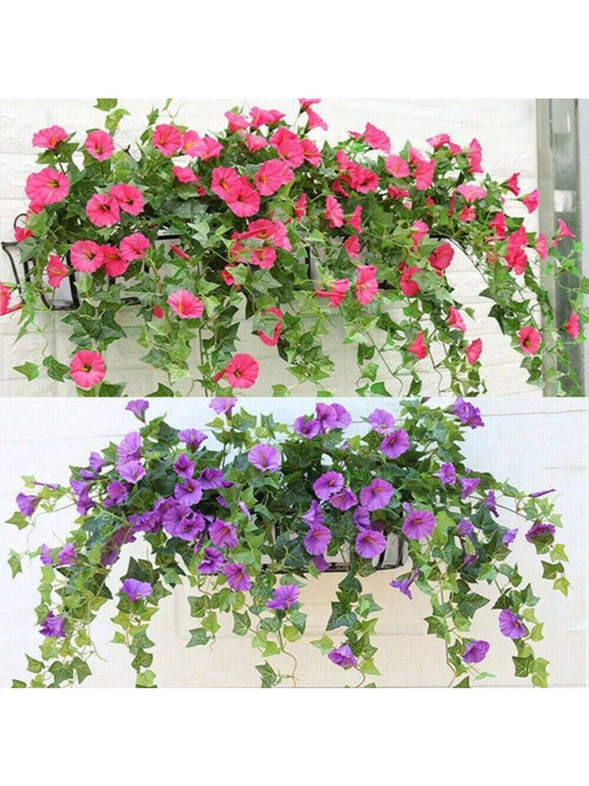 Artificial Flowers 2 Pcs Set, Vines Simulation Morning Glory Hanging Fake Green Plant for Home Garden Fence Stairway Outdoor Wedding Hanging Baskets Decor Yellow