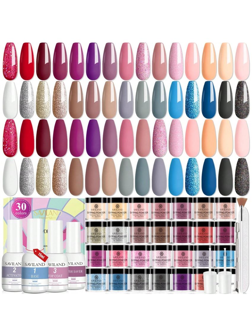 Saviland 39pcs Dip Powder Nail Kit - 30 Colors Dip Powder Set Nail Dip Powder Kit with 4*15ml Dip Liquid Set Base & Top Coat Activator Brush Saver Nail Art Tools for French Manicure Nail Salon DIY at Home
