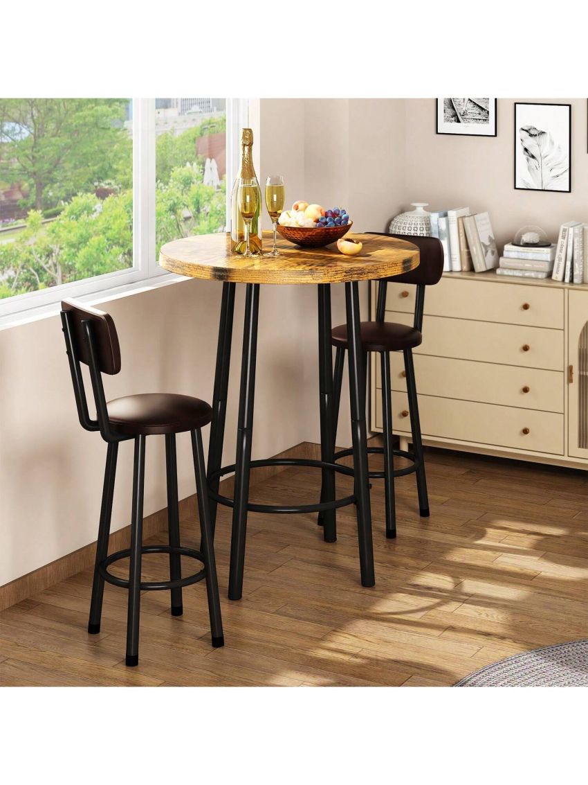 3 Piece Pub Dining Set, Modern Round bar Table and Stools for 2, Kitchen Counter Height Wood Top Bistro, Easy Assemble for Breakfast Nook, Living Room, Small Space, Restaurant