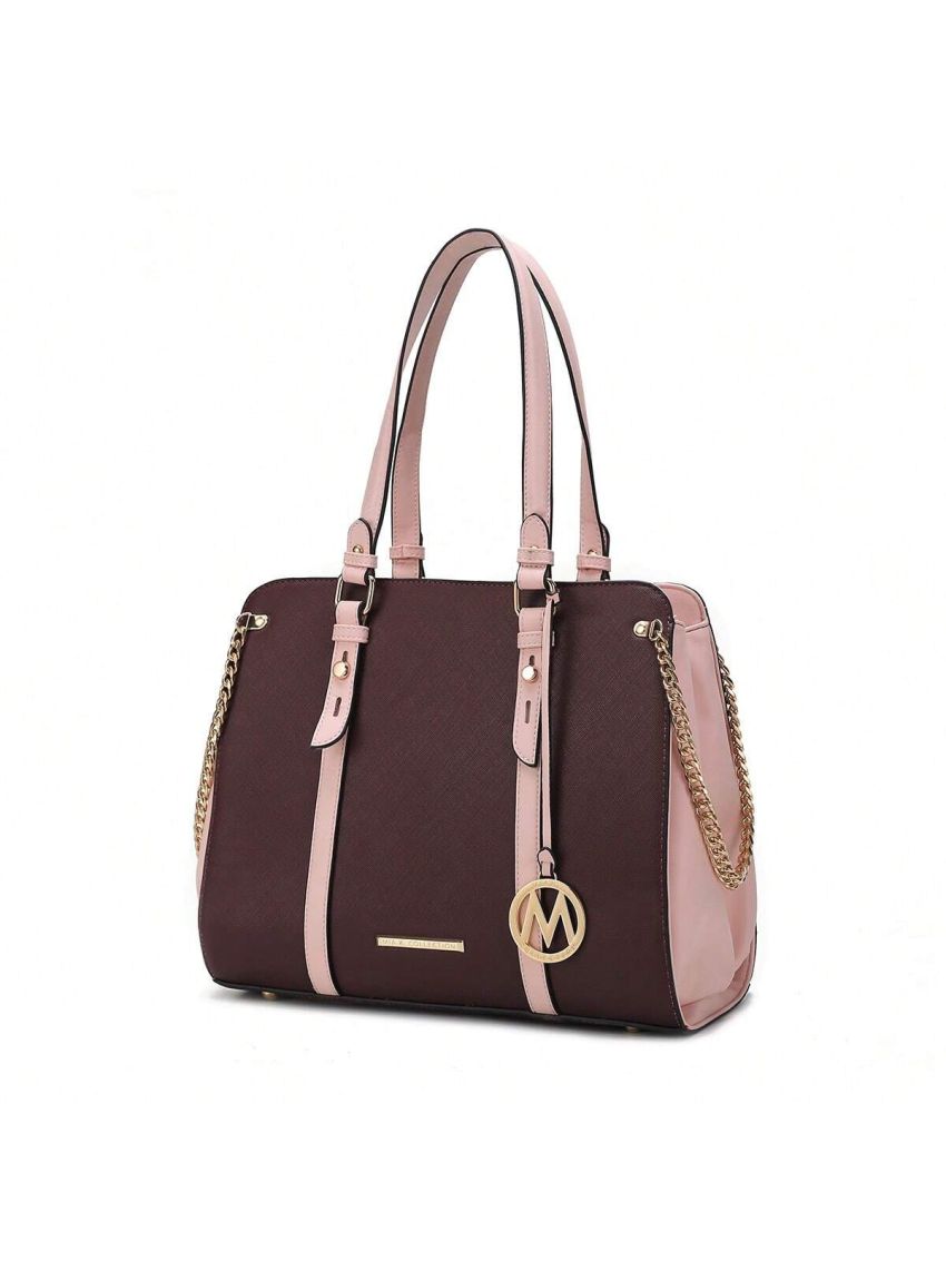 Amy Color Block Vegan Leather Womens Tote Bag  Lightweight Shoulder Handbag, Simple Work Bag