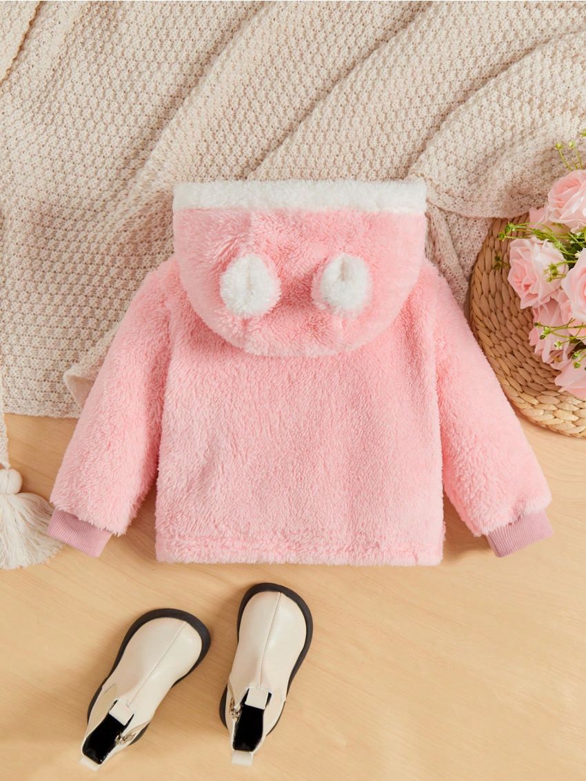 SHEIN Baby Girls' Color Block Hooded Fluffy Jacket With Cute 3d Rabbit Ear Design