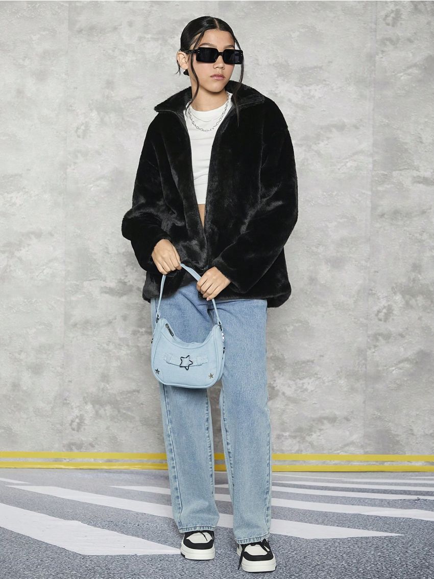 Teen Girl Letter Embroidery Drop Shoulder Teddy Coat