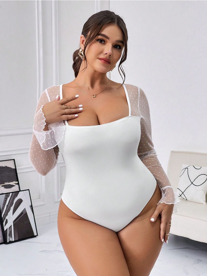 SHEIN Privé Plus Size Mesh Patchwork Ruffle Sleeve Bodysuit