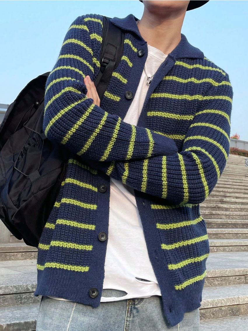 Men's Striped Button-up Cardigan