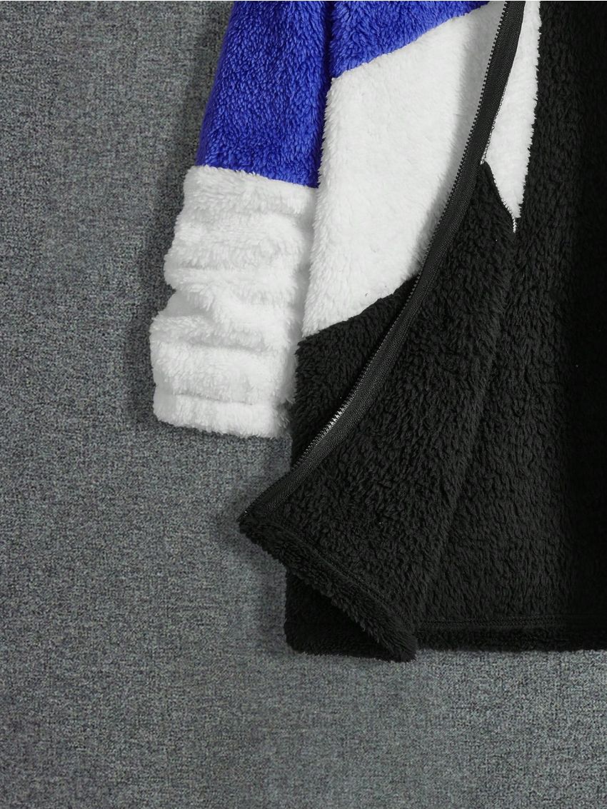 SHEIN Tween Boys' Color Block Hoodies Plush Jacket