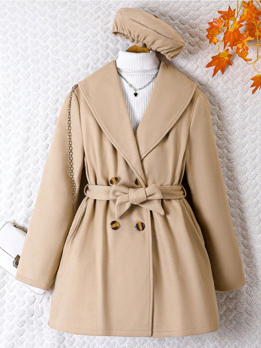 Teen Girl Double Breasted Belted Overcoat & Hat