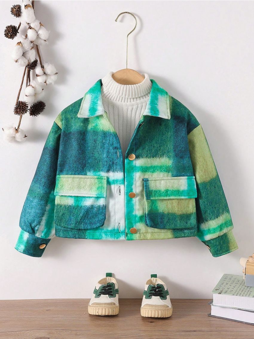 Young Girl 1pc Plaid Print Flap Pocket Overcoat