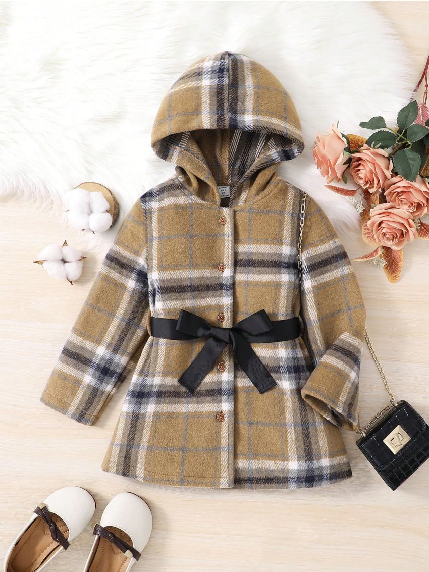 SHEIN Kids FANZEY Young Girl Plaid Print Hooded Belted Overcoat