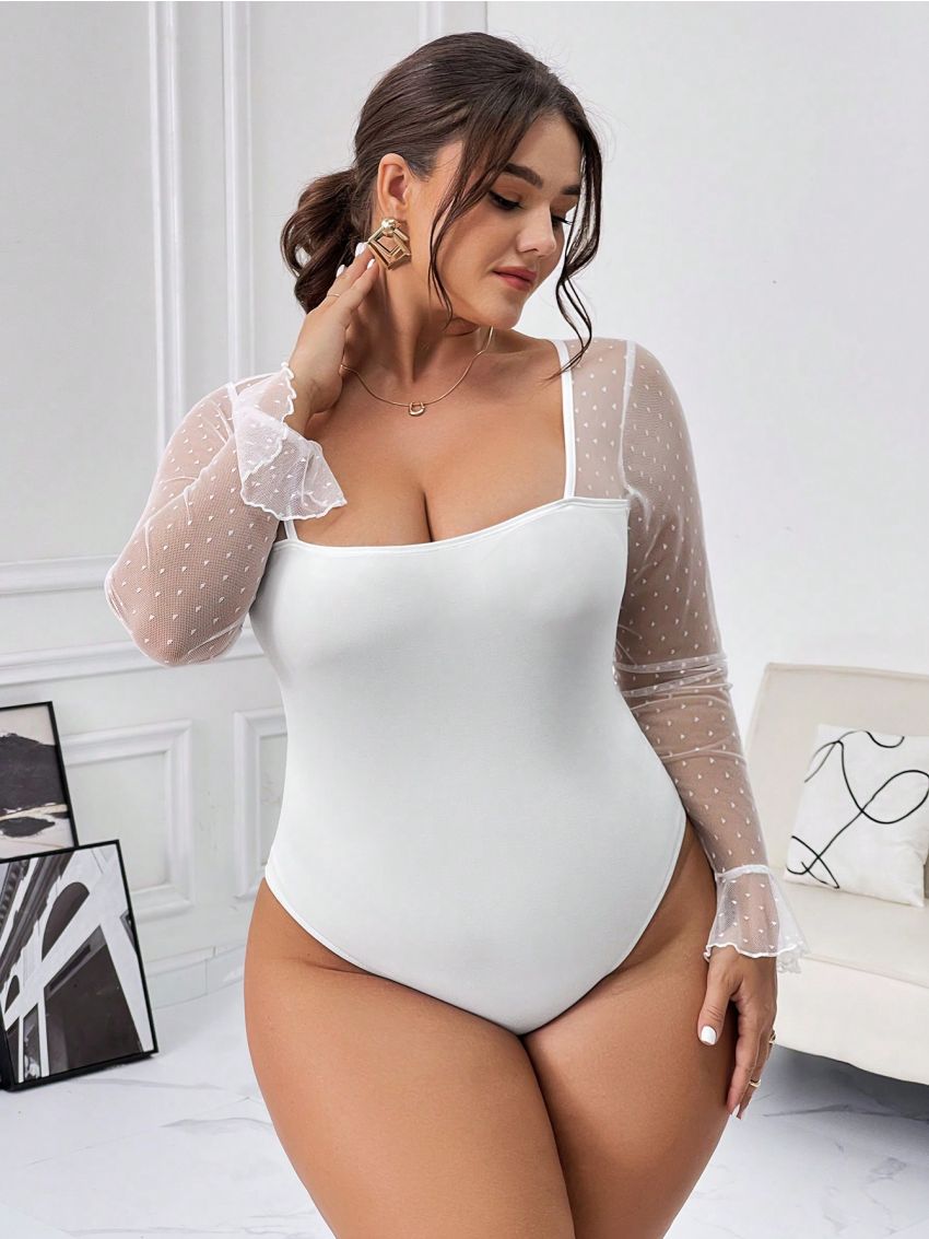SHEIN Privé Plus Size Mesh Patchwork Ruffle Sleeve Bodysuit