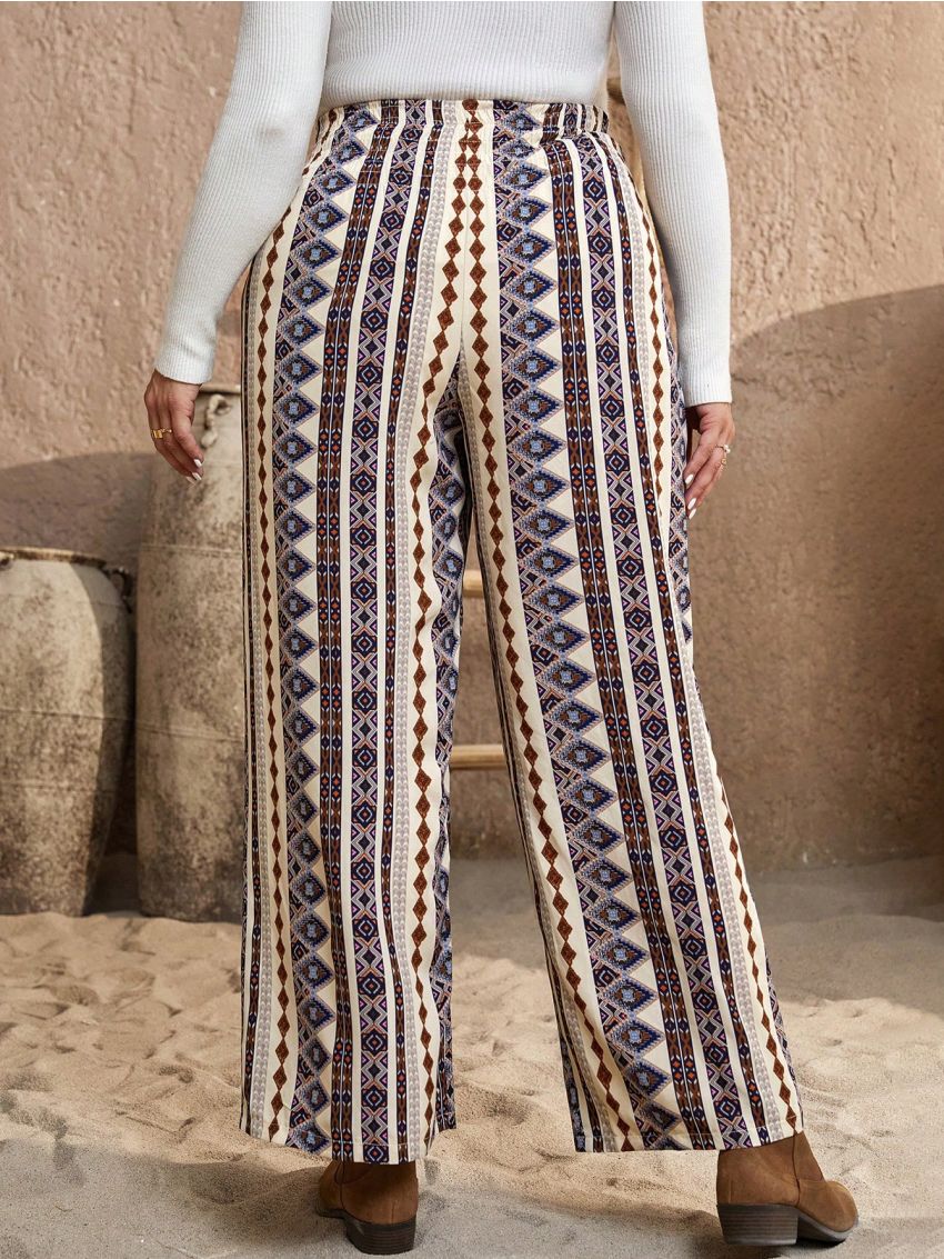 SHEIN VCAY Plus Size Loose Wide Leg Pants With Geometric Pattern