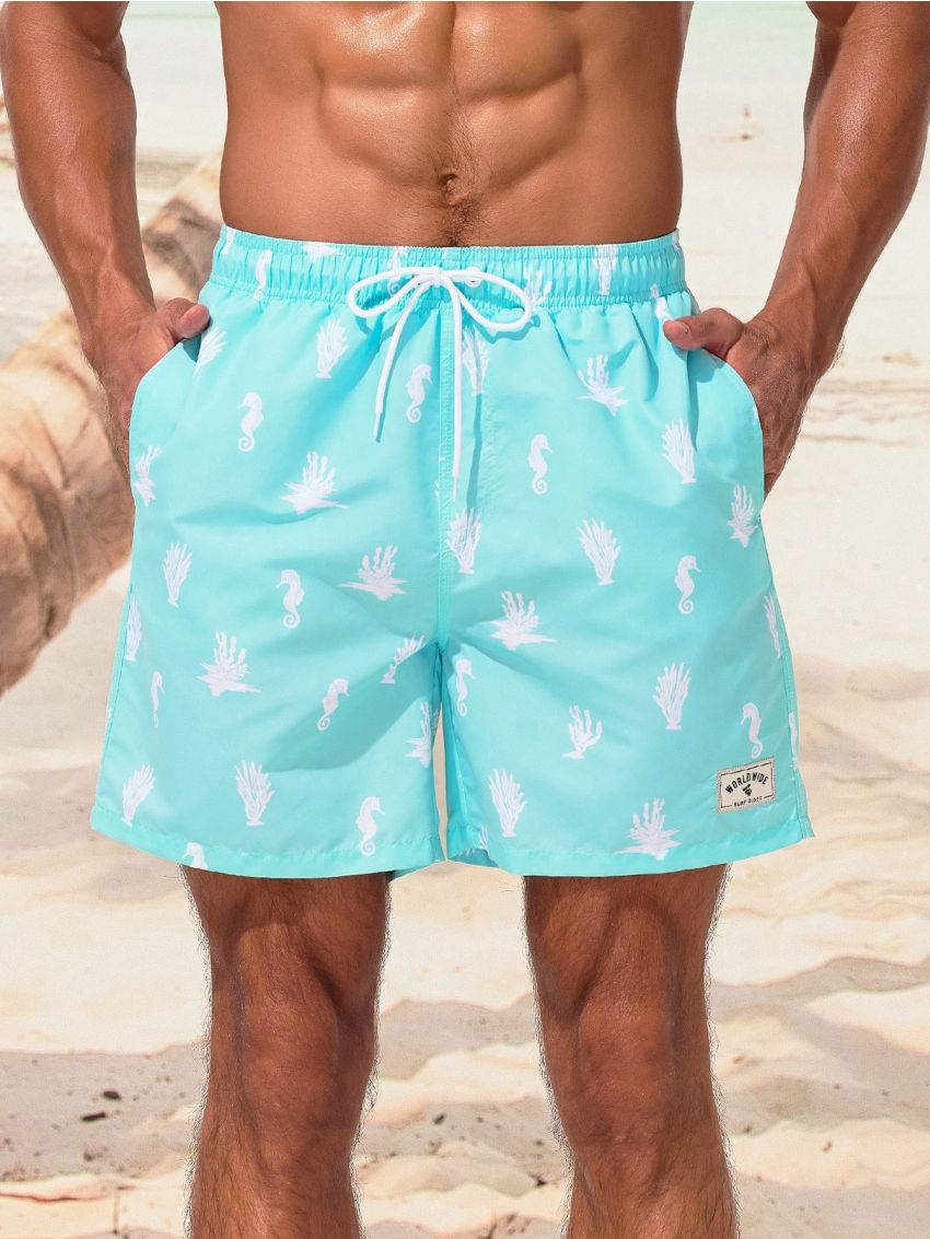 Manfinity Men's Coral Printed Drawstring Elastic Waist Beach Shorts