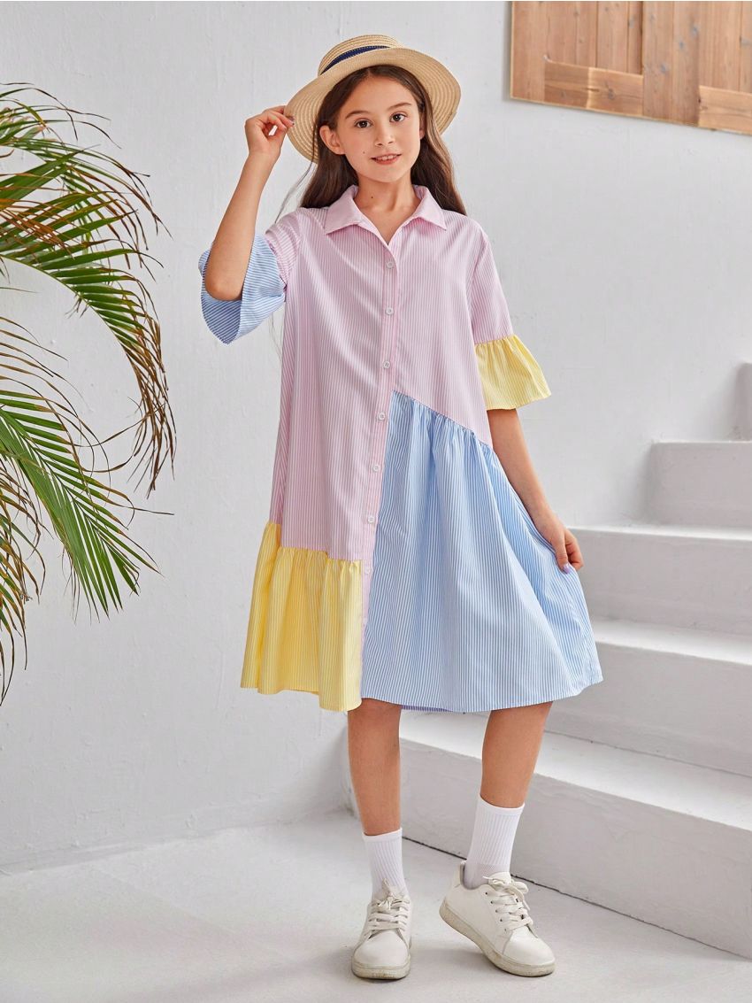 SHEIN Kids SUNSHNE Tween Girls' Woven Color Block Loose Casual Shirt Dress